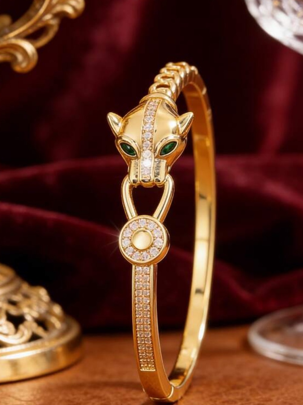 Gold Panther Head Crystal Bracelet with Green Eyes - Picture 4 of 5